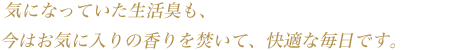 気になっていた生活臭も、今はお気に入りの香りを焚いて、快適な毎日です。